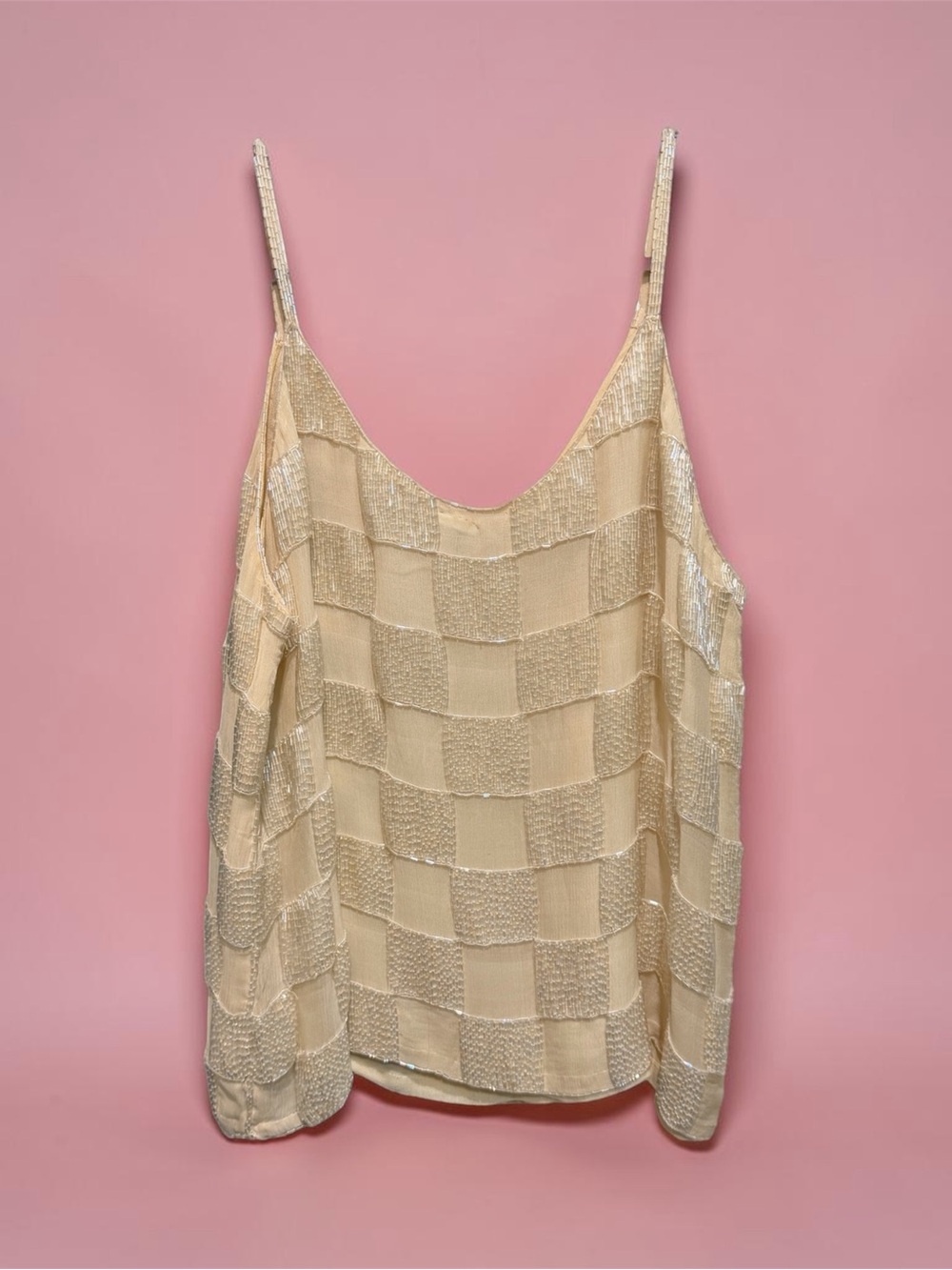Beaded Check Satin Cami Tank Top - Cream